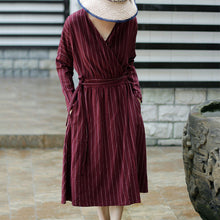Load image into Gallery viewer, SOOMODA Striped Bandage Dresses V-Neck Long Sleeve