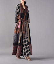 Load image into Gallery viewer, SOOMODA Plus Size Patchwork Plaid Belt Trench Coat