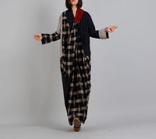 Load image into Gallery viewer, Linen Plaid Dress Female V-neck Split Design